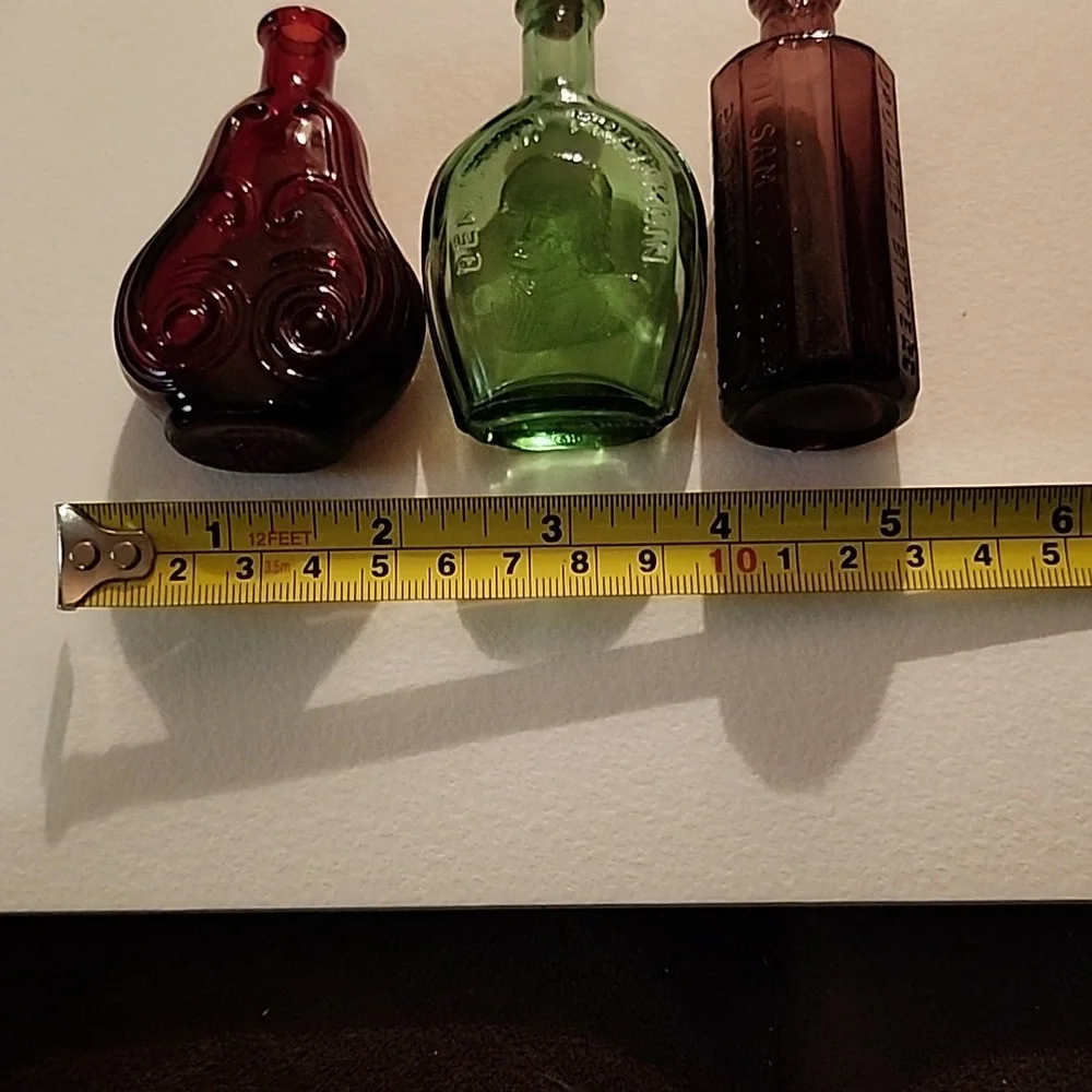 Set of Three Vintage Glass Bottles - Red, Green, and Purple - Picture 2 of 7